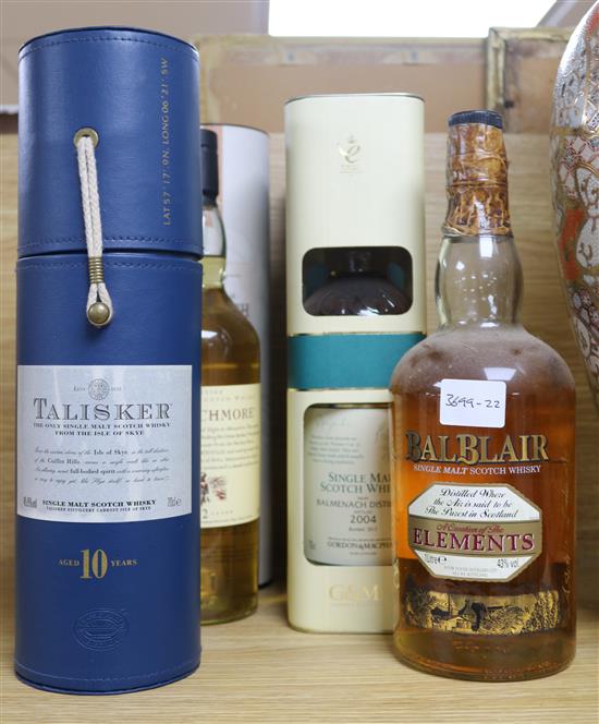 Six assorted bottles of whisky: Talisker 10yo, G & M Balmenach 2004, Clynelish 14yo, Balblair,